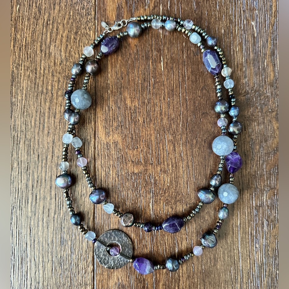 PEYOTE BIRD Amethyst Quartz and Pearls Necklace